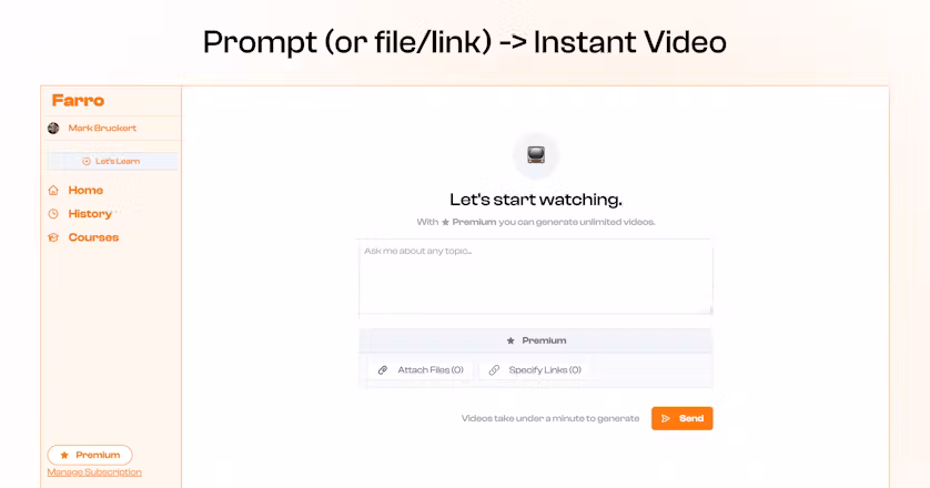 Farro AI Video Search Engine - Search interface showing video generation