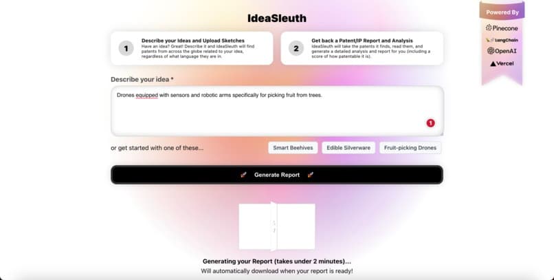 IdeaSleuth - Generated PDF report with patent landscape