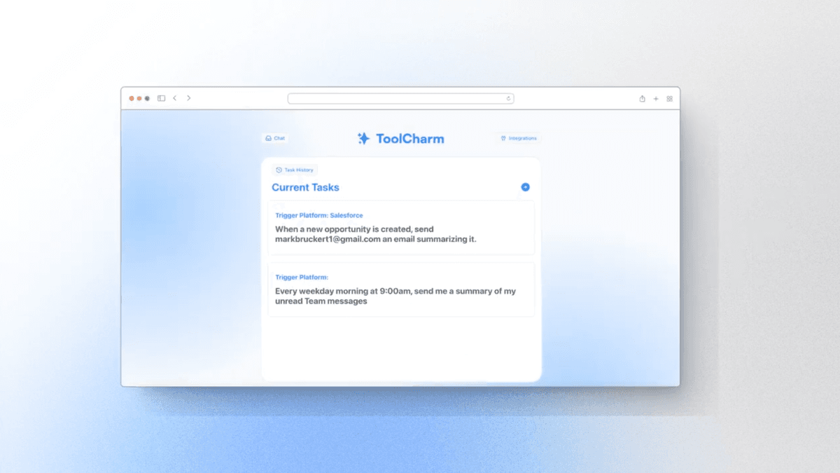 ToolCharm Automation Platform - AI agent task management dashboard